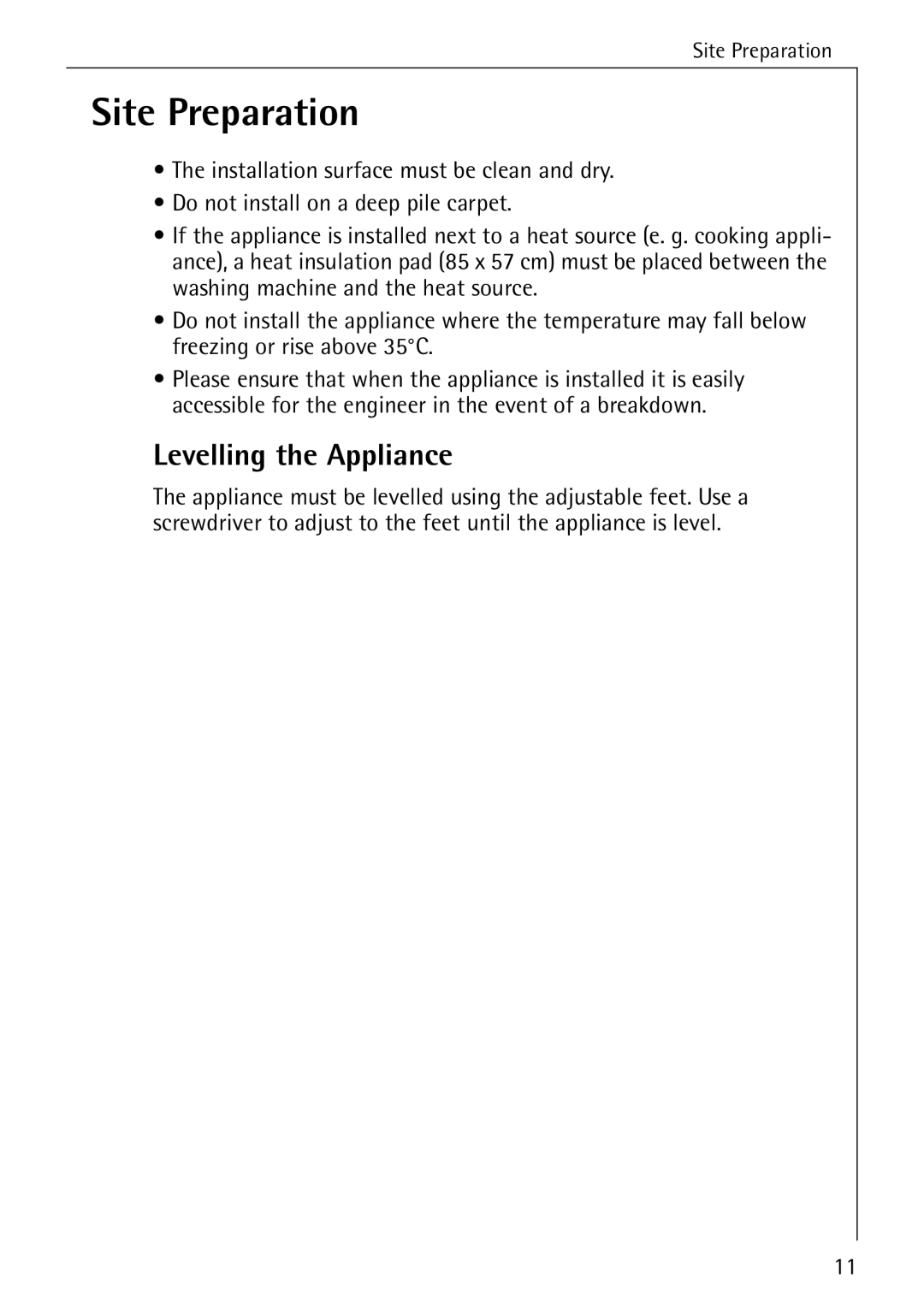 AEG 33600 installation instructions Site Preparation, Levelling the Appliance 