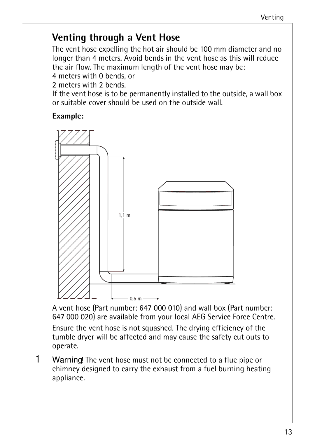 AEG 33600 installation instructions Venting through a Vent Hose, Example 