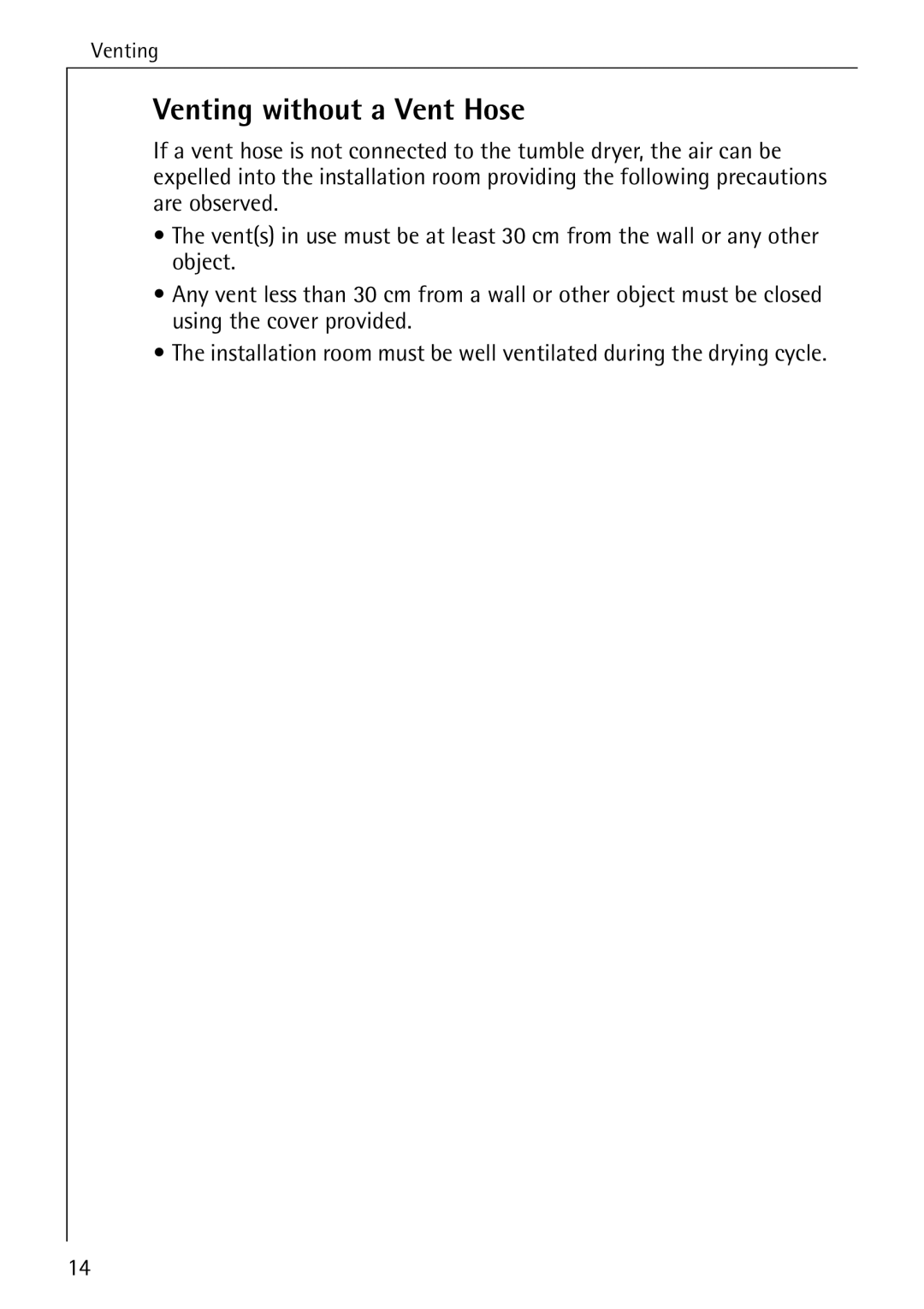 AEG 33600 installation instructions Venting without a Vent Hose 