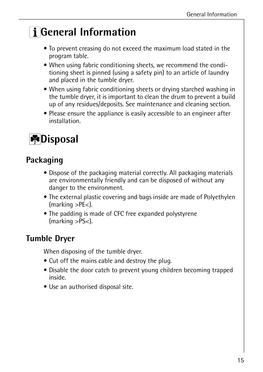 AEG 33600 installation instructions 3General Information, 2Disposal, Packaging, Tumble Dryer 