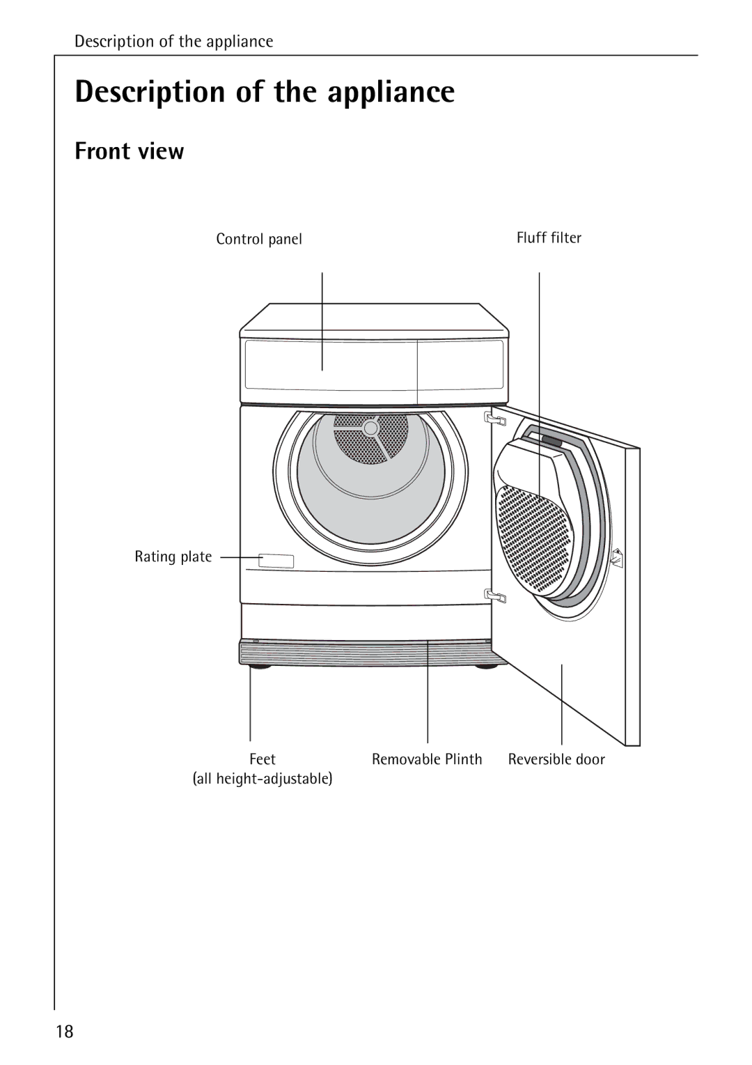 AEG 33600 installation instructions Description of the appliance, Front view 