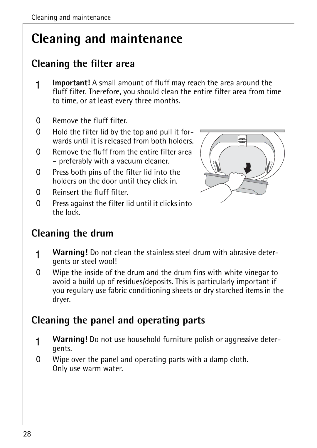 AEG 33600 Cleaning and maintenance, Cleaning the filter area, Cleaning the drum, Cleaning the panel and operating parts 