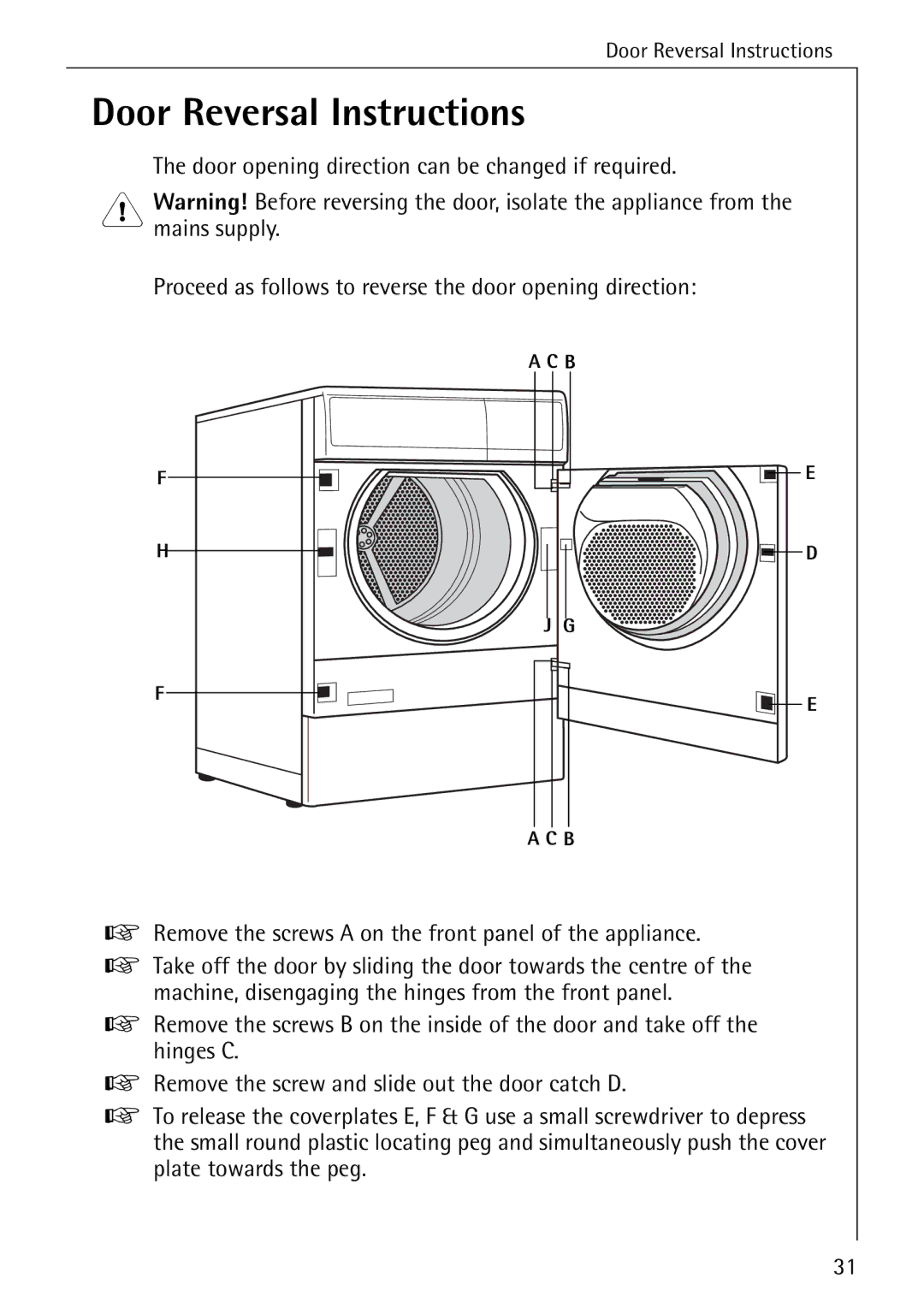 AEG 33600 installation instructions Door Reversal Instructions 