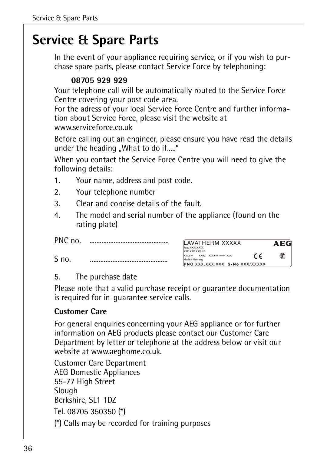 AEG 33600 installation instructions Service & Spare Parts, 08705 929 