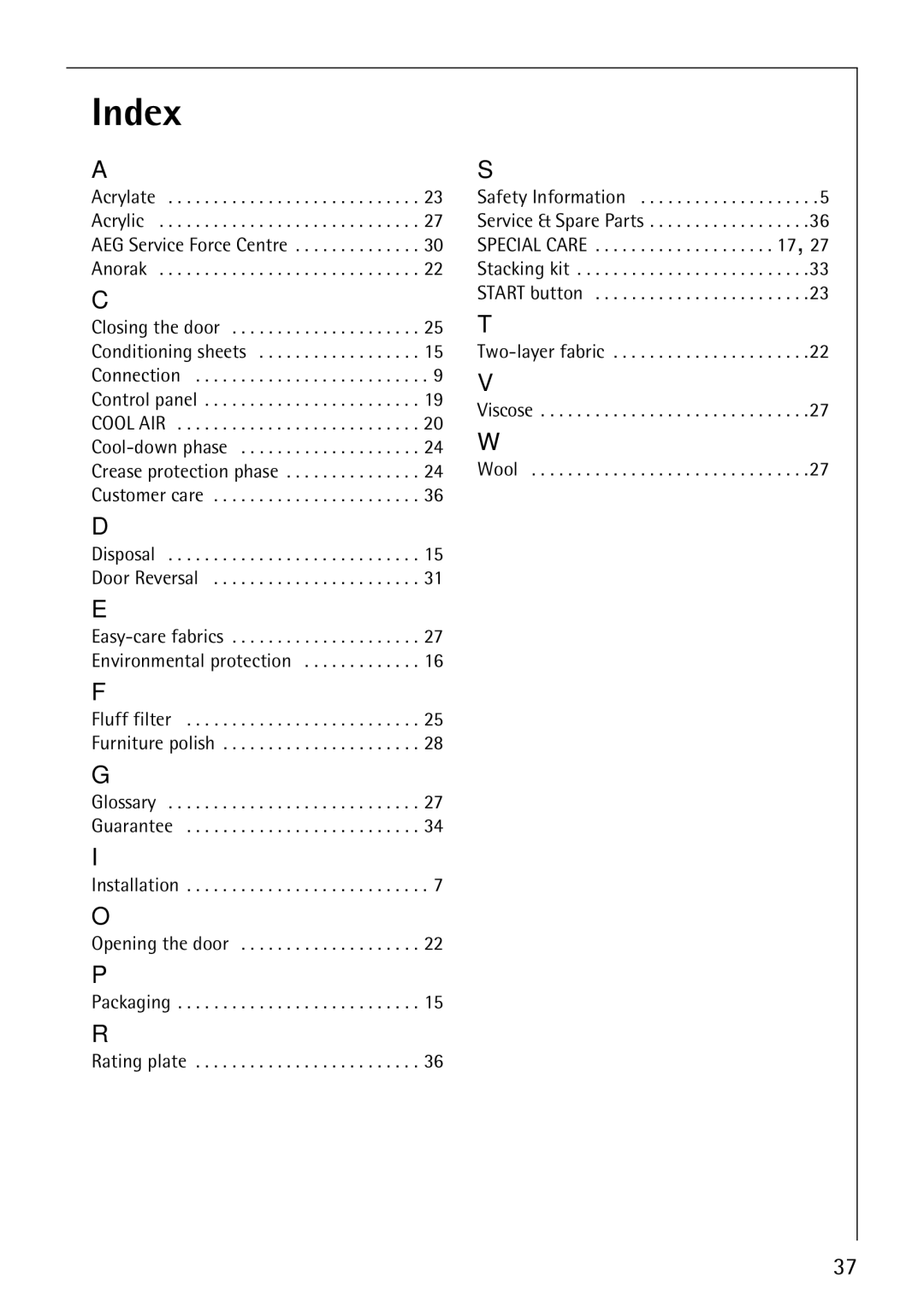 AEG 33600 installation instructions Index, Anorak 