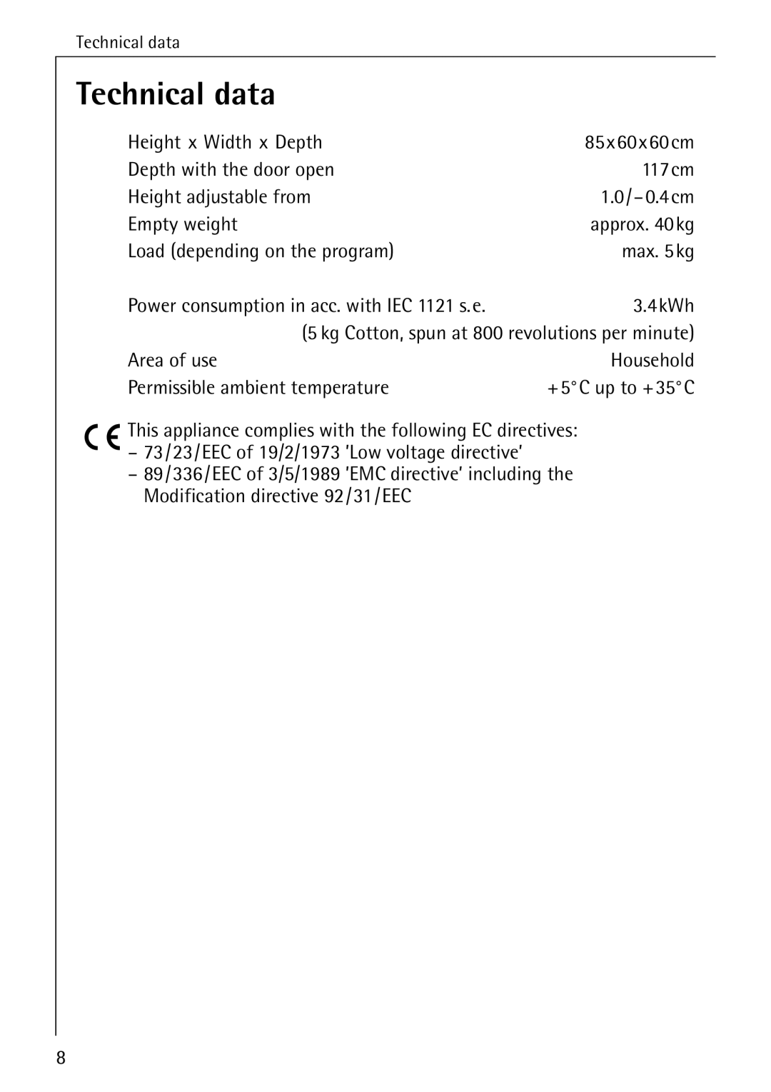 AEG 33600 installation instructions Technical data 