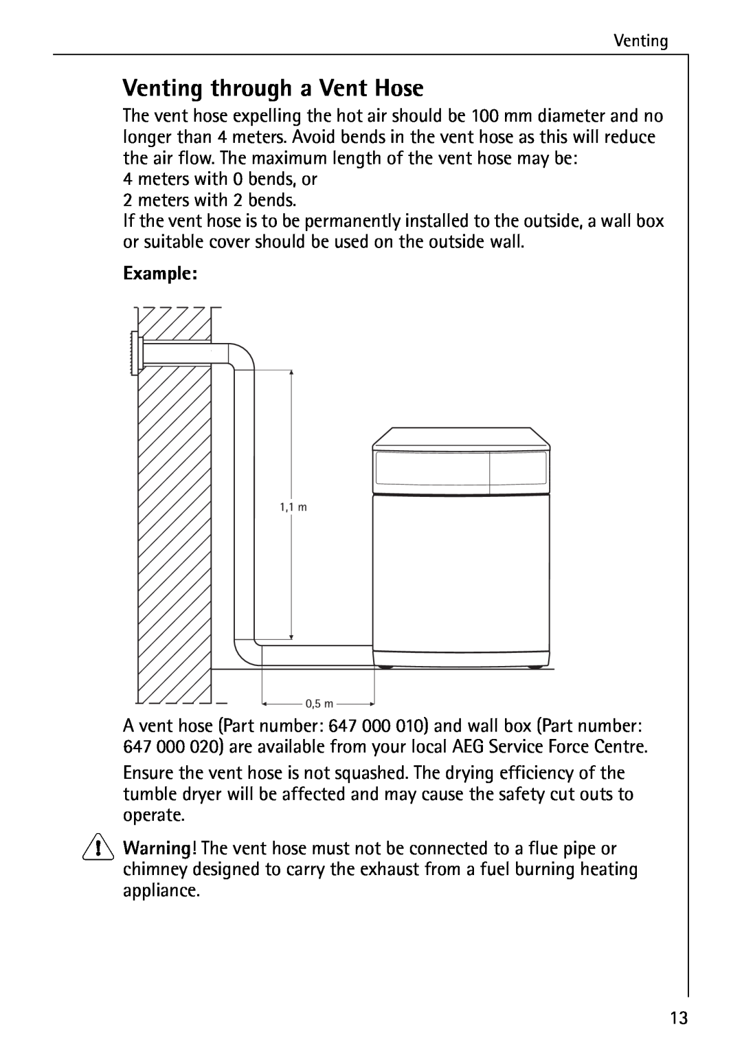 AEG 33600 installation instructions Venting through a Vent Hose, Example 