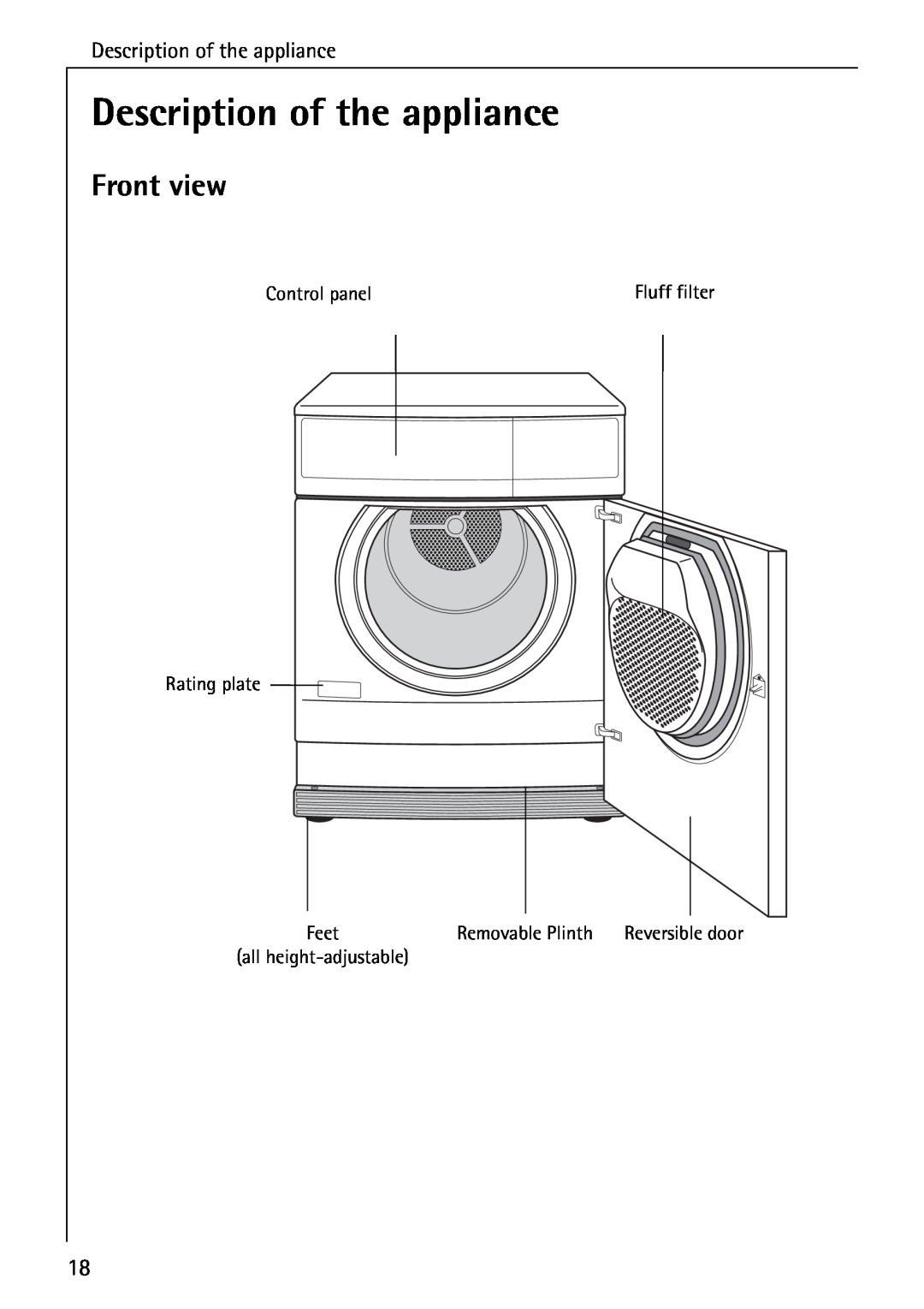 AEG 33600 Description of the appliance, Front view, Fluff filter, all height-adjustable, Reversible door 