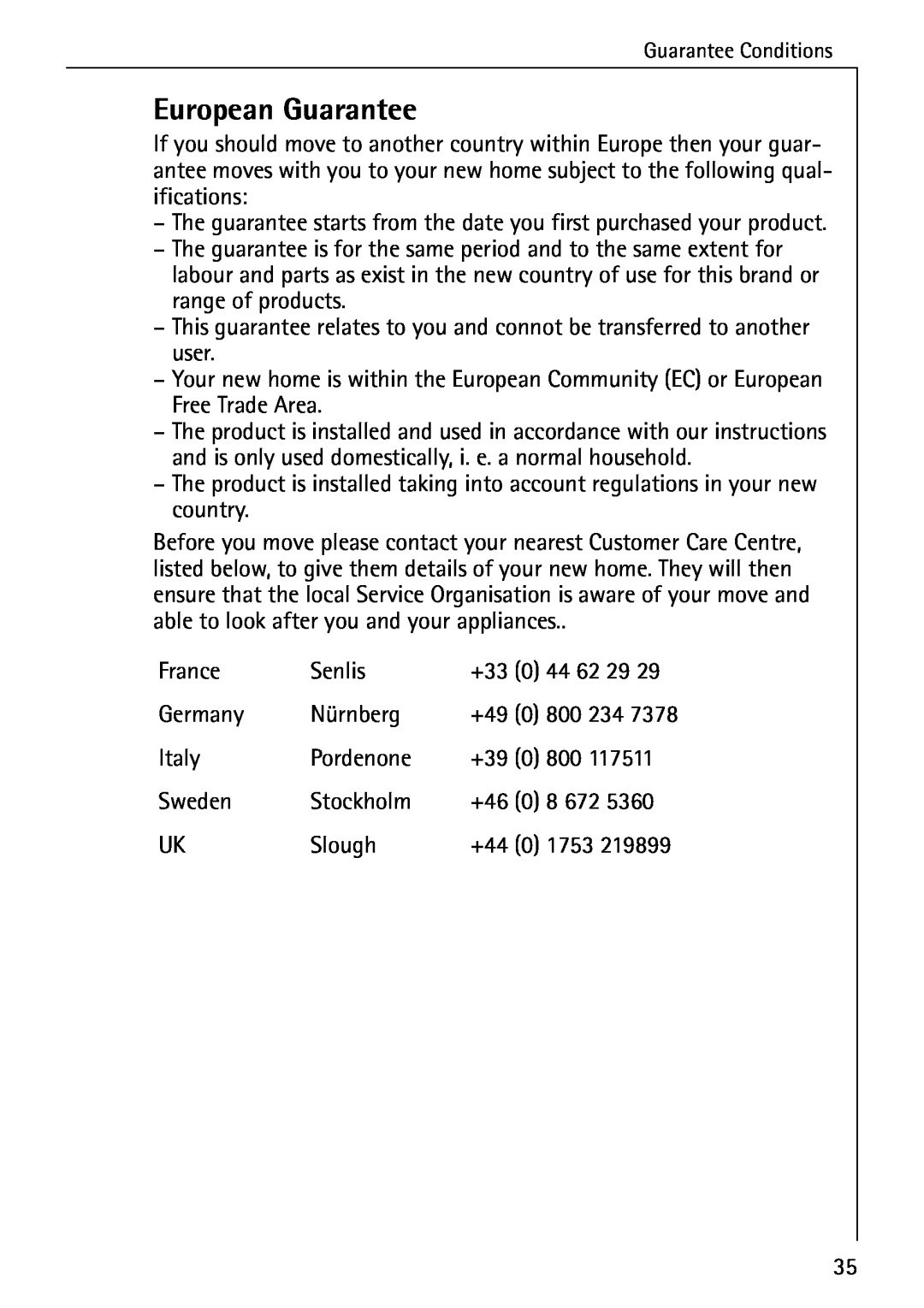 AEG 33600 installation instructions European Guarantee 