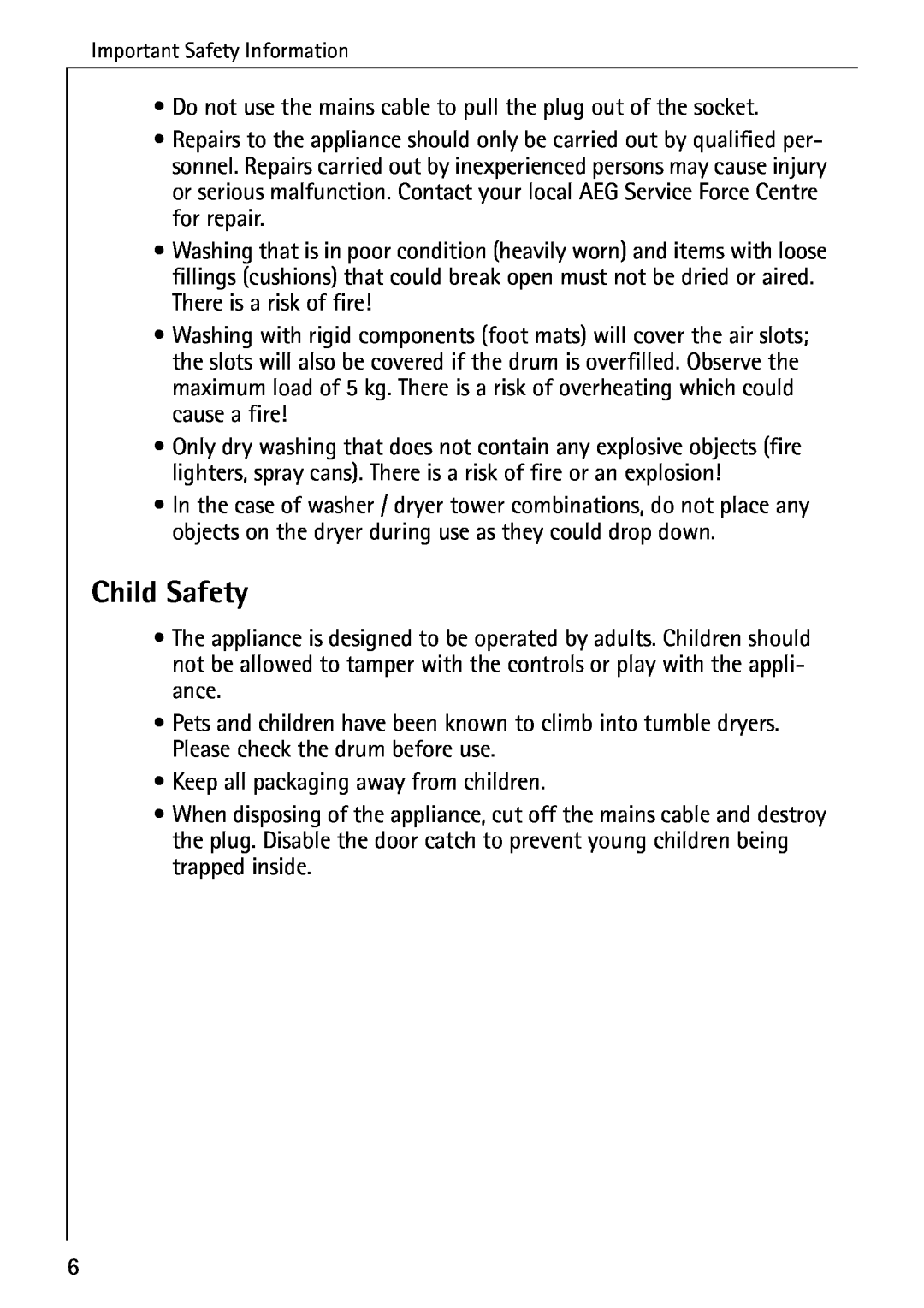 AEG 33600 installation instructions Child Safety 