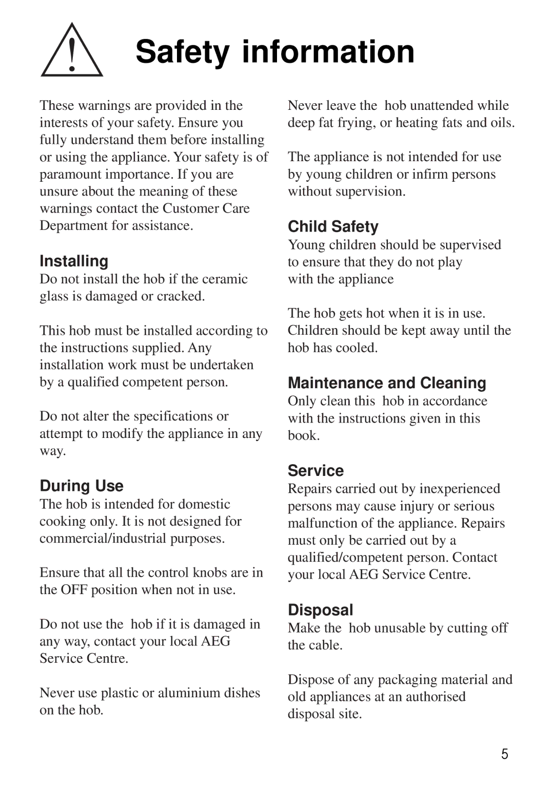 AEG 33620 DK-M manual Safety information 