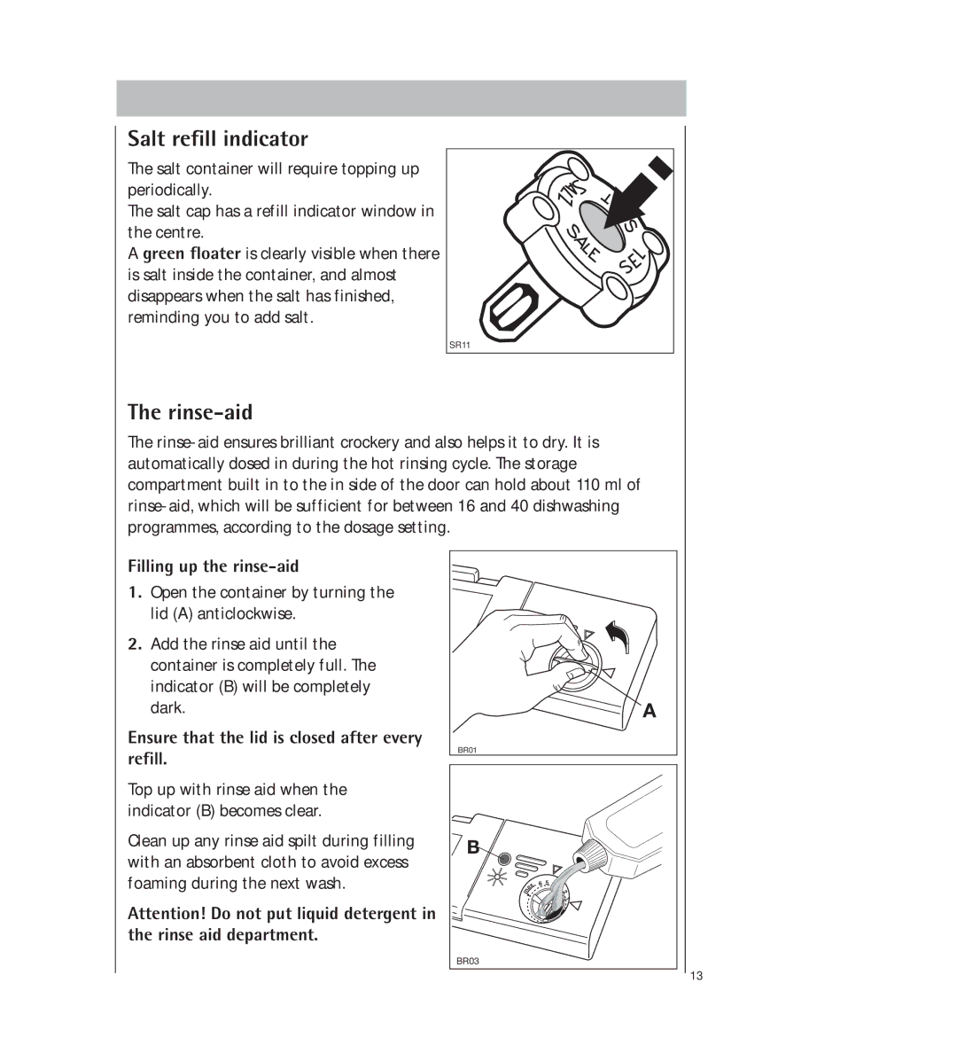 AEG 34350 I Salt refill indicator, Rinse-aid, Filling up the rinse-aid, Ensure that the lid is closed after every refill 