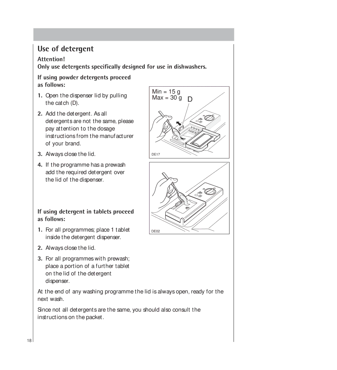 AEG 34350 I manual Use of detergent, If using detergent in tablets proceed as follows 