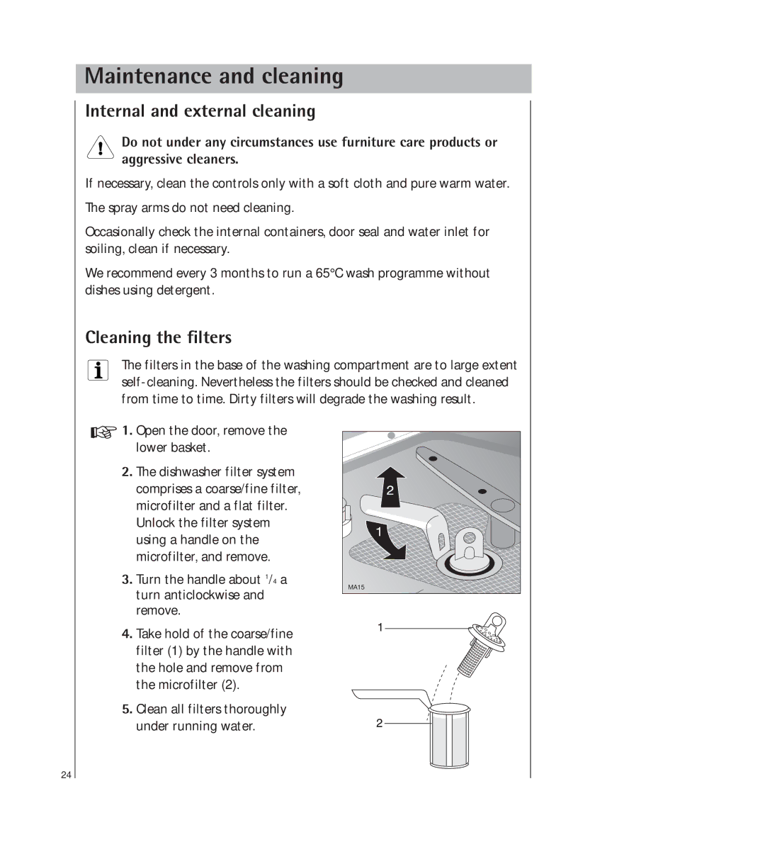 AEG 34350 I manual Maintenance and cleaning, Internal and external cleaning, Cleaning the filters 