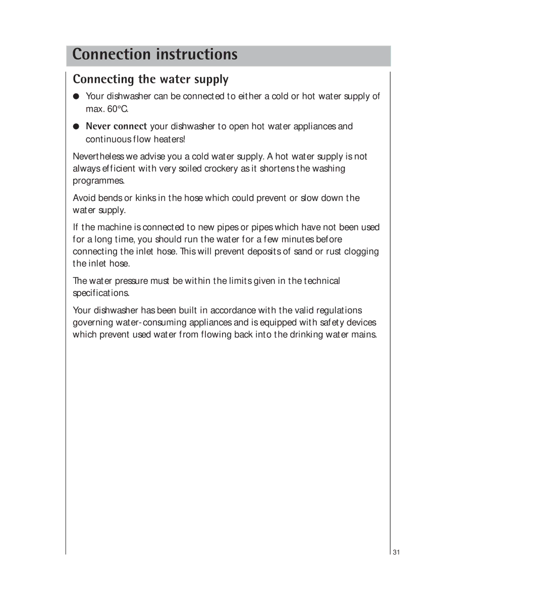 AEG 34350 I manual Connection instructions, Connecting the water supply 