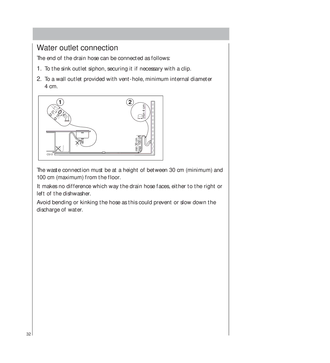 AEG 34350 I manual Water outlet connection 