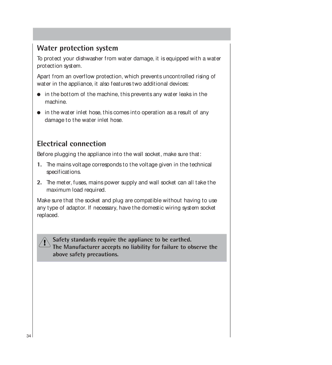 AEG 34350 I manual Water protection system, Electrical connection 