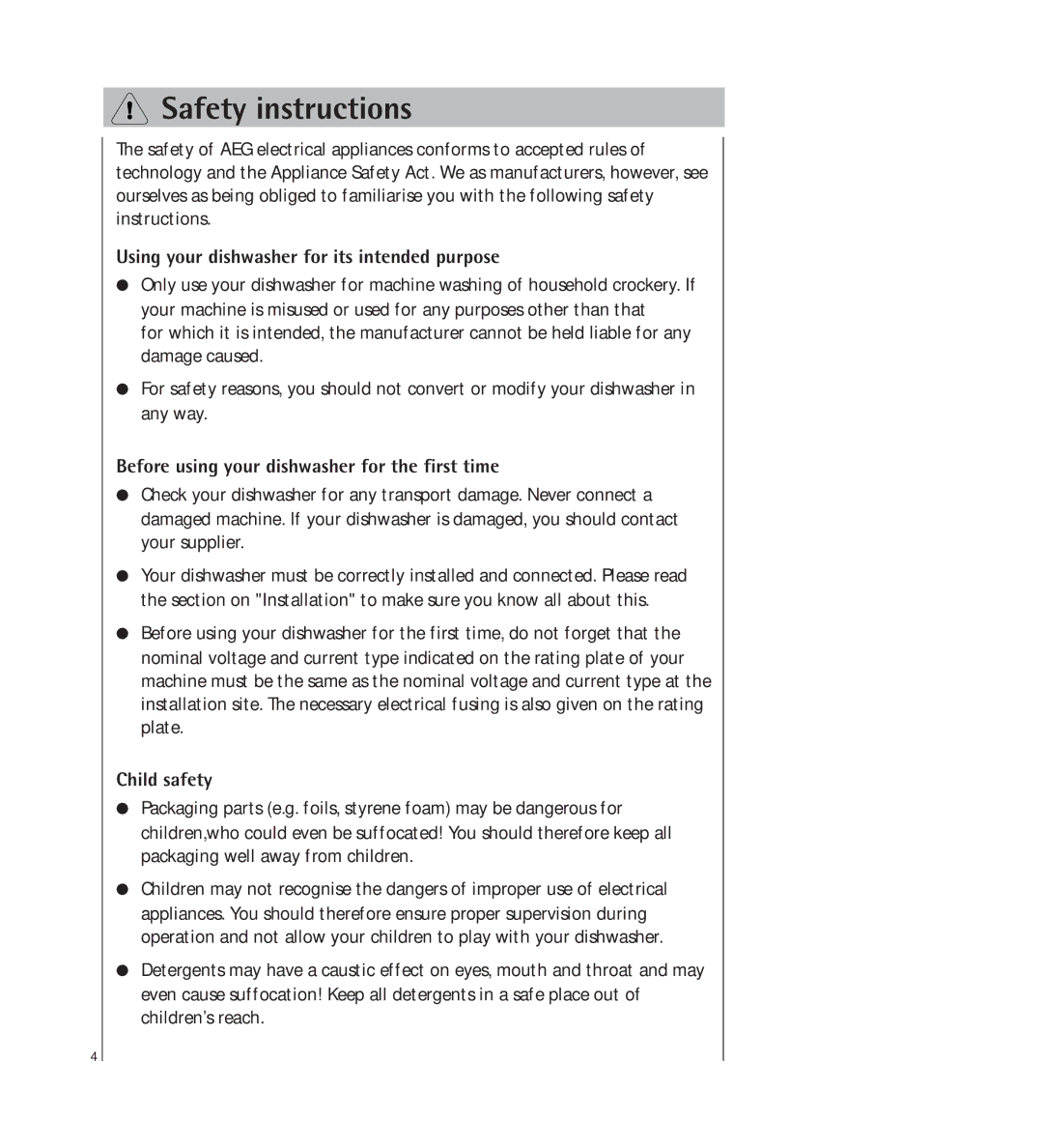 AEG 34350 I manual Safety instructions, Using your dishwasher for its intended purpose, Child safety 