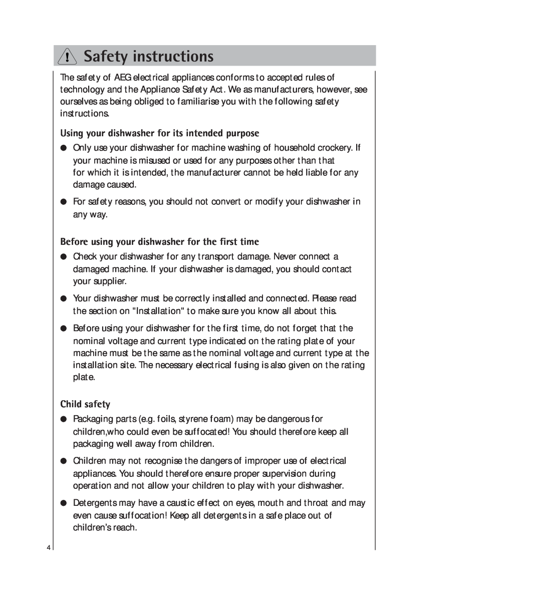AEG 34350 I manual Safety instructions, Using your dishwasher for its intended purpose, Child safety 