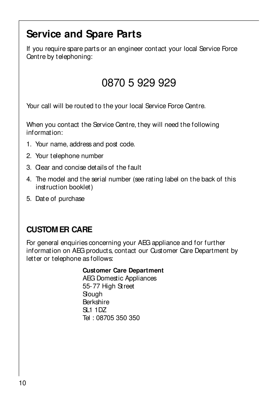 AEG 34942G installation instructions Service and Spare Parts, 0870 5 929 