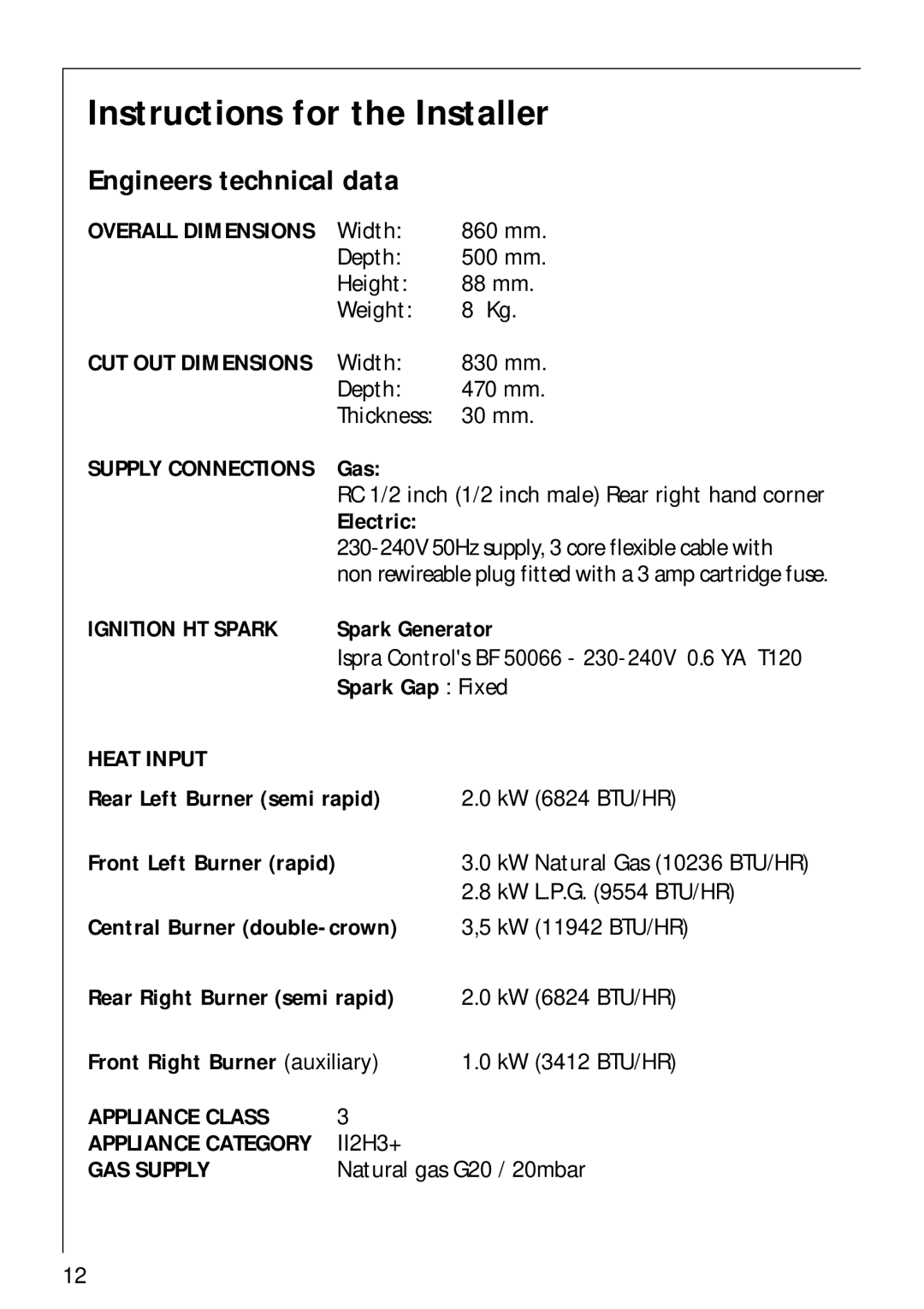 AEG 34942G installation instructions Instructions for the Installer, Engineers technical data 