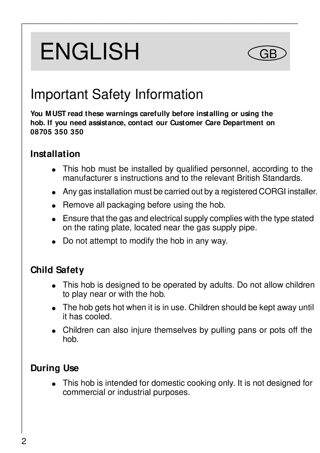 AEG 34942G installation instructions Installation, Child Safety, During Use 