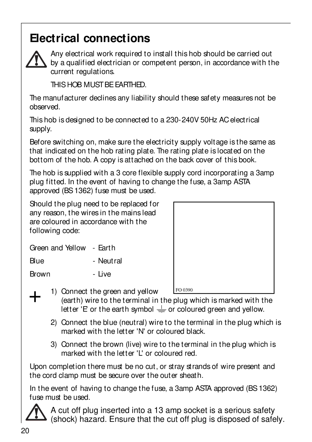 AEG 34942G installation instructions Electrical connections, This HOB Must be Earthed 