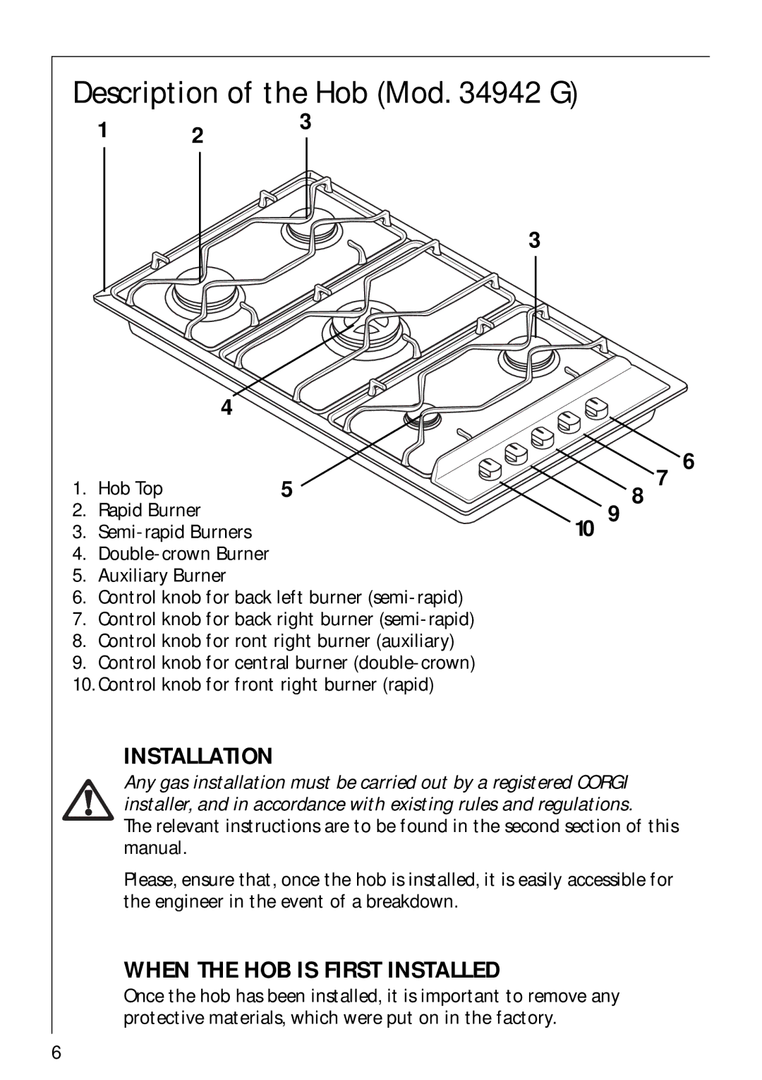 AEG 34942G installation instructions Description of the Hob Mod G 