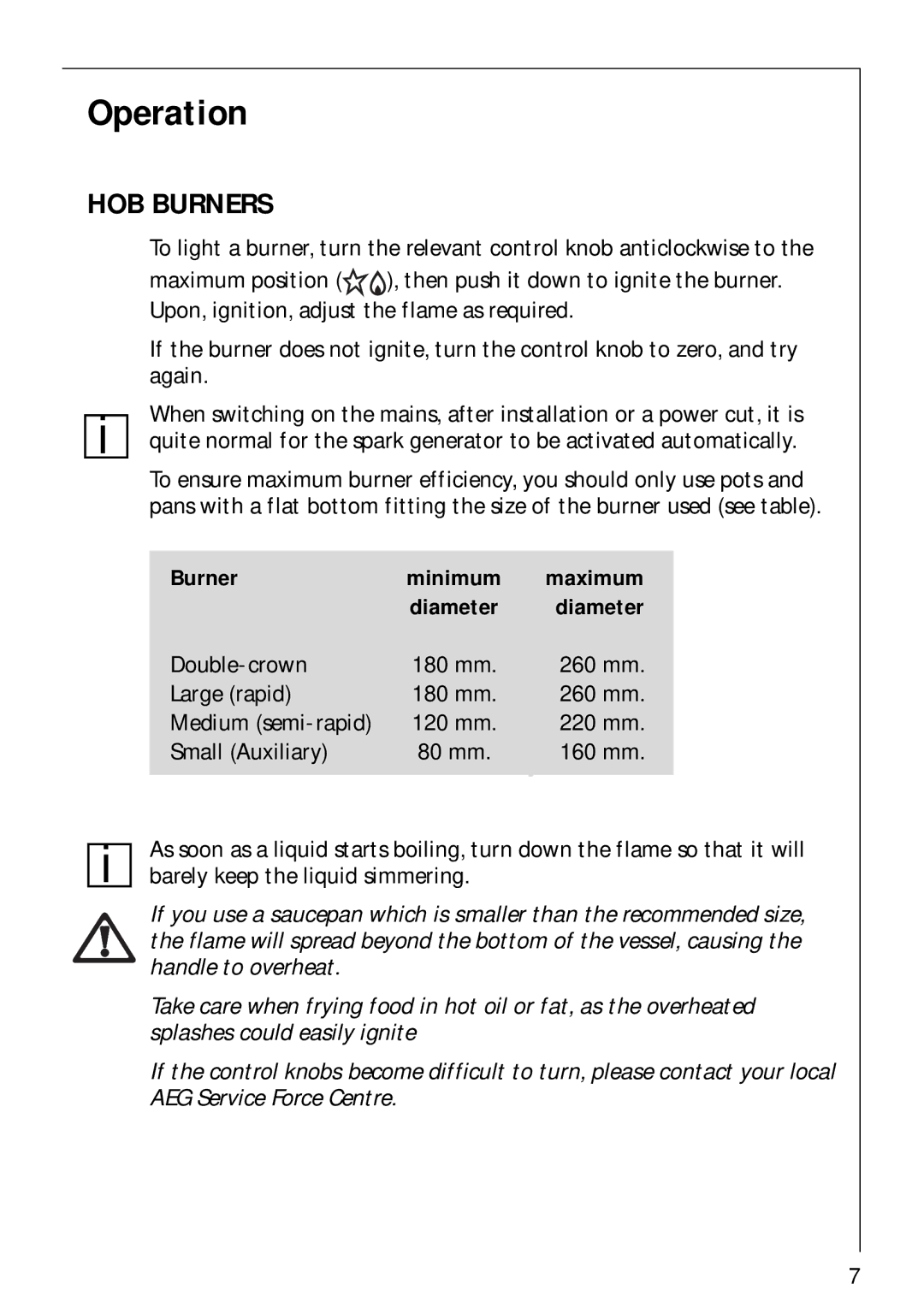 AEG 34942G installation instructions Operation, HOB Burners 