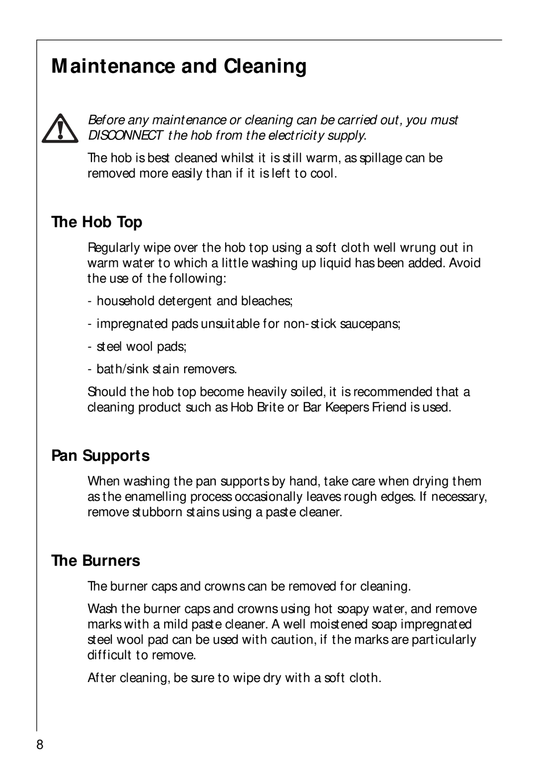 AEG 34942G installation instructions Maintenance and Cleaning, Hob Top, Pan Supports, Burners 