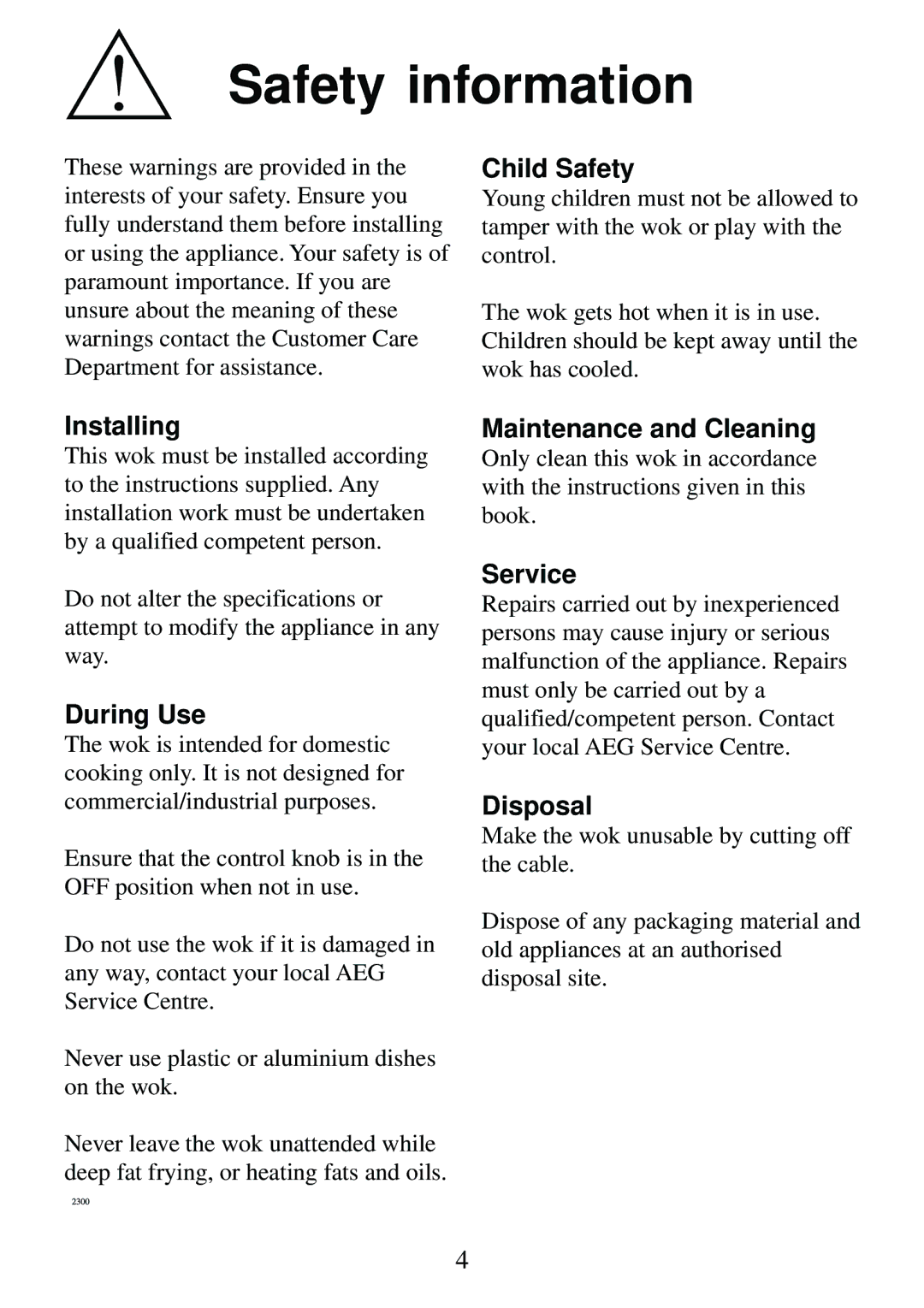 AEG 3531 WK-M GB 949600835 manual Safety information 