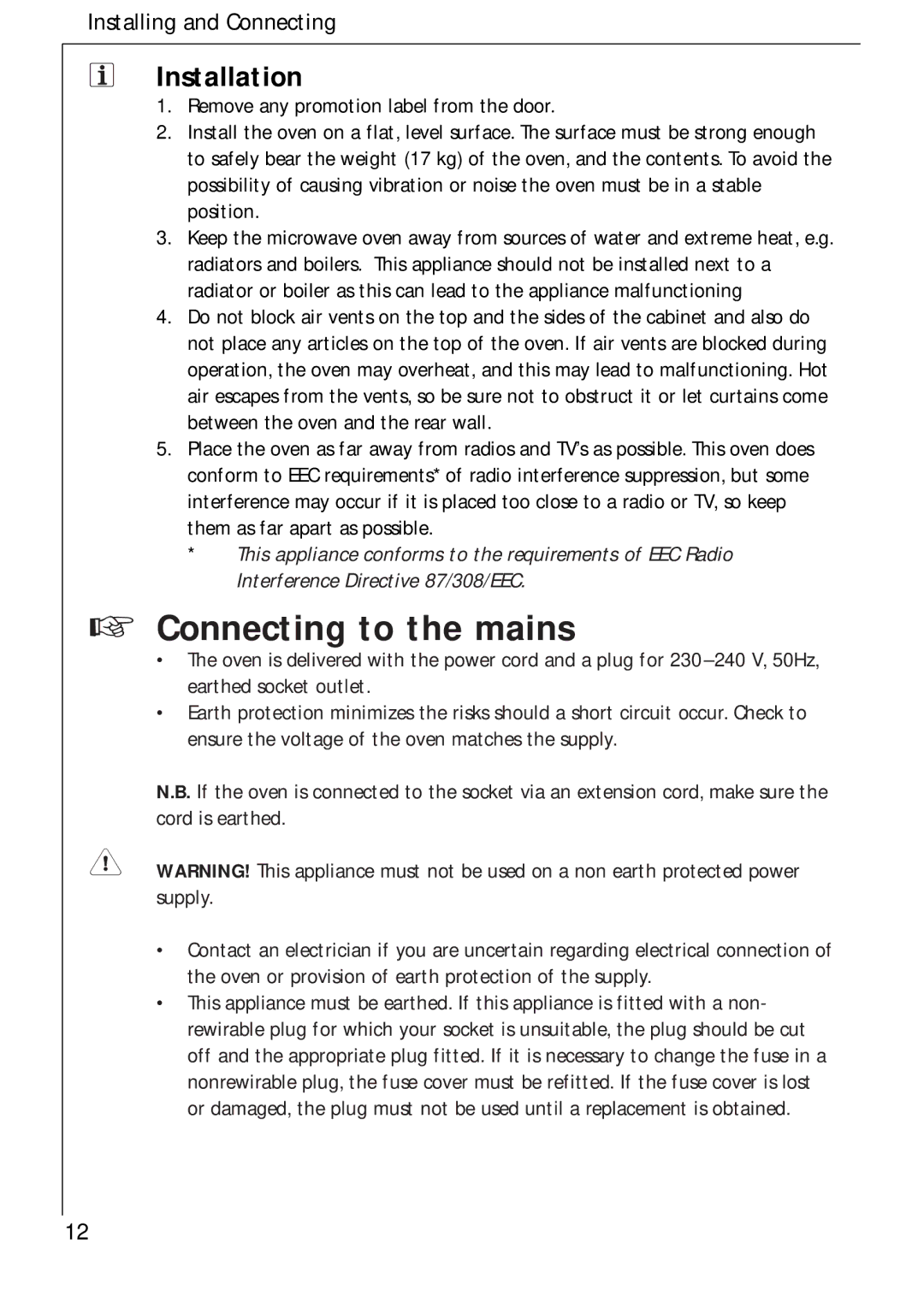 AEG 3534 E manual Connecting to the mains, Installation 