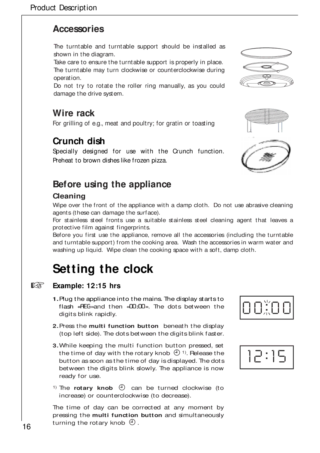 AEG 3534 E manual Setting the clock, Accessories, Wire rack, Crunch dish, Before using the appliance 