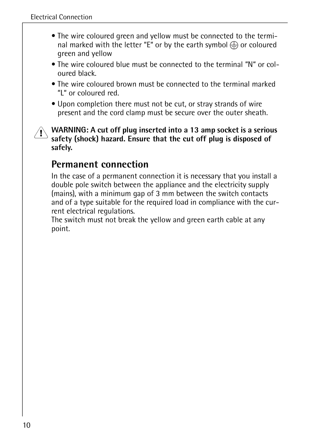 AEG 35600 installation instructions Permanent connection 