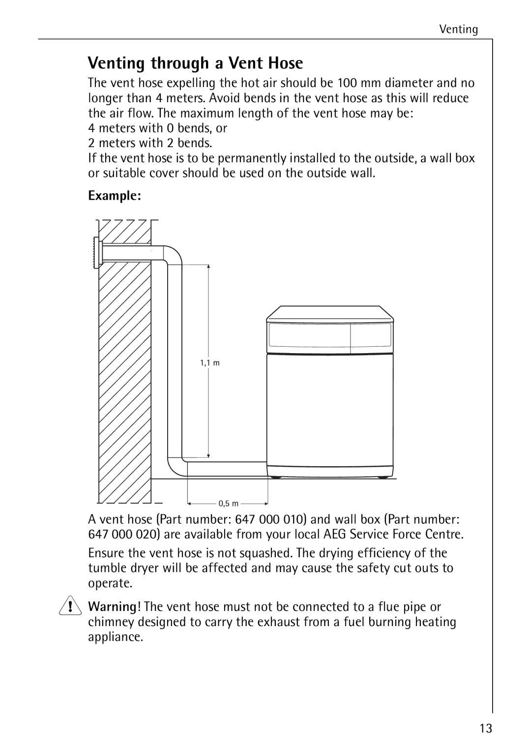 AEG 35600 installation instructions Venting through a Vent Hose, Example 