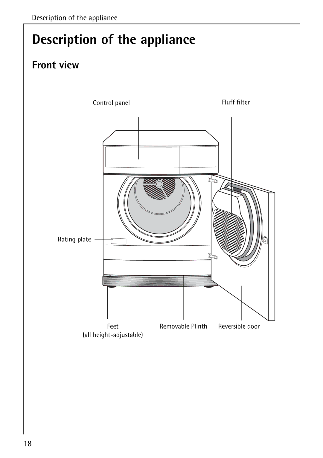 AEG 35600 installation instructions Description of the appliance, Front view 