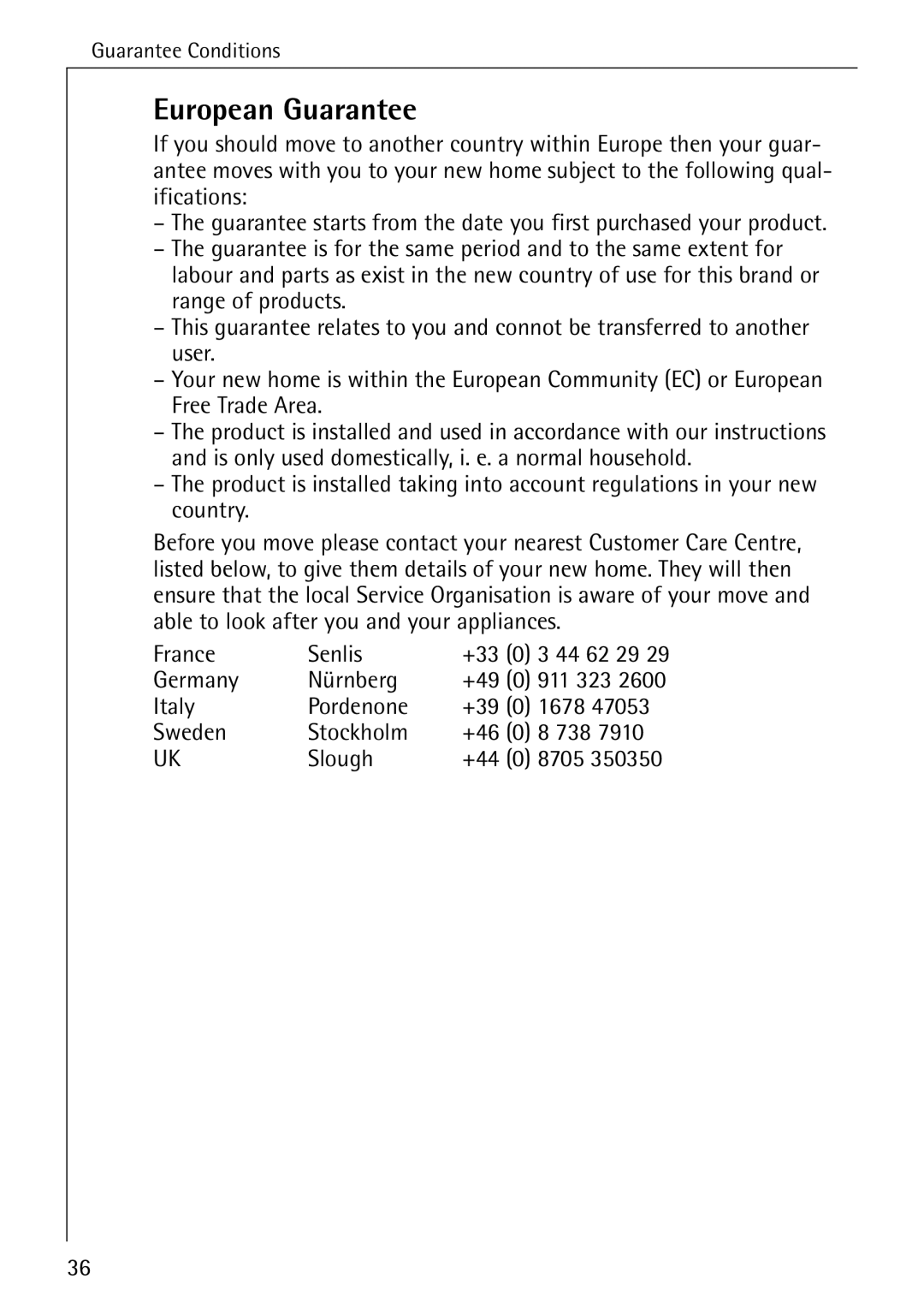 AEG 35600 installation instructions European Guarantee 