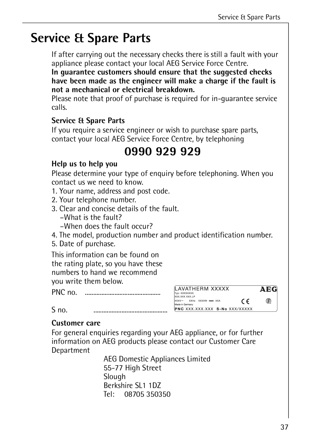 AEG 35600 installation instructions Service & Spare Parts 