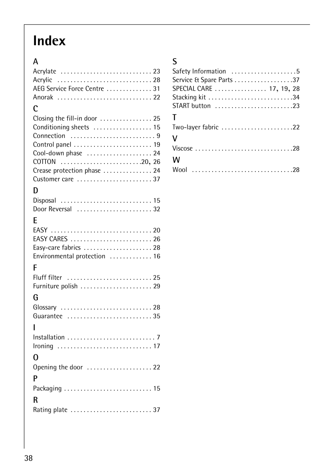 AEG 35600 installation instructions Index, Anorak 