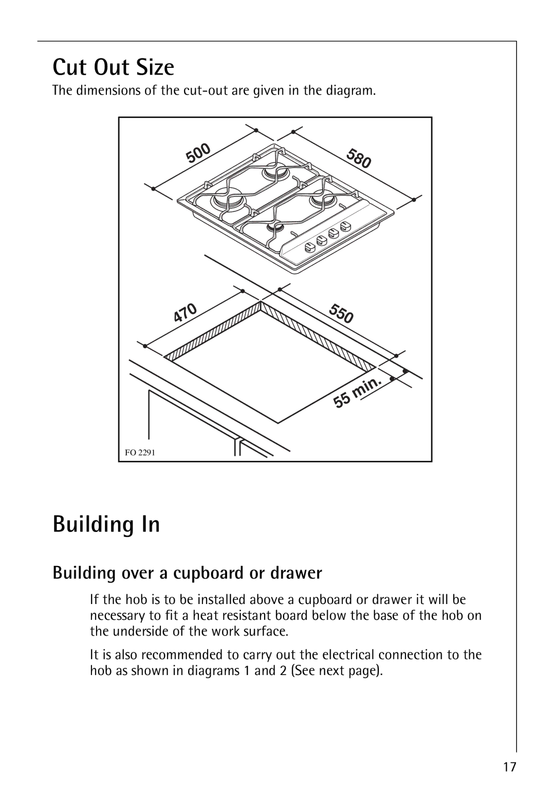 AEG 35604G, 35601G, 35600G, 34611C, 35610C, 34602G Cut Out Size, Building over a cupboard or drawer 