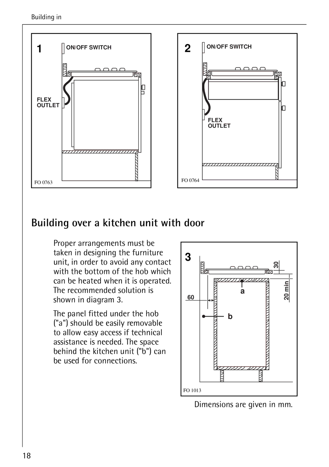 AEG 35601G, 35600G, 34611C, 35610C, 34602G, 35604G installation instructions Building over a kitchen unit with door 