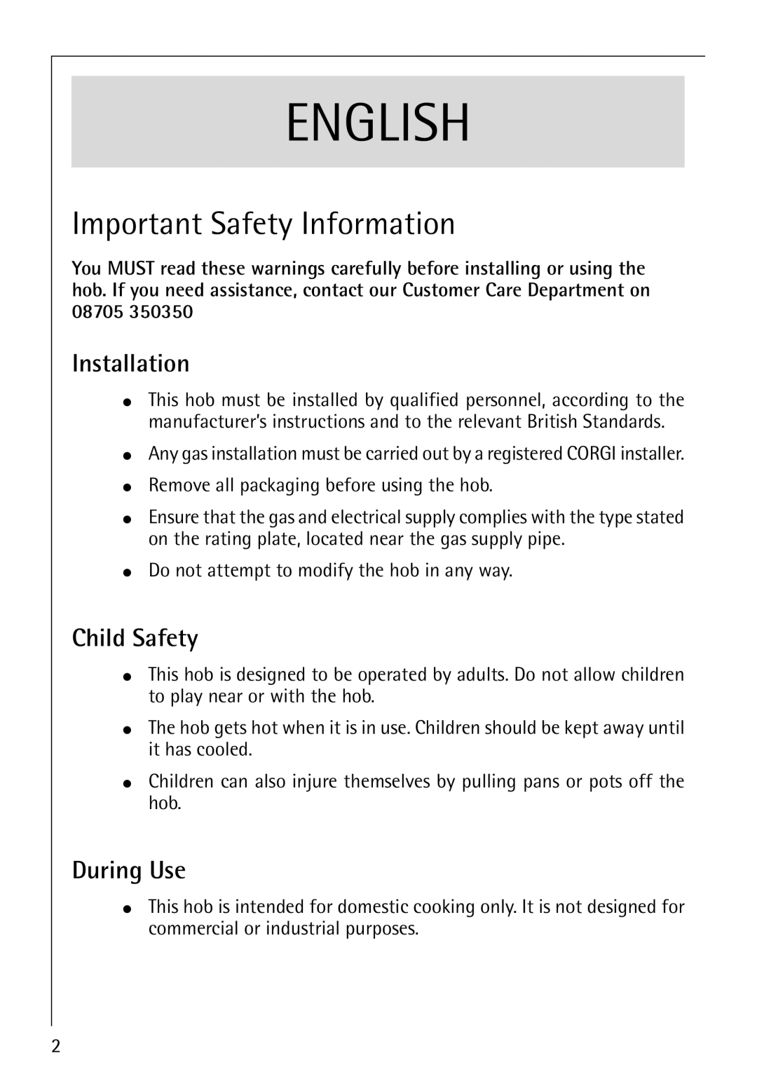 AEG 34611C, 35601G, 35600G, 35610C, 34602G, 35604G installation instructions Installation, Child Safety, During Use 