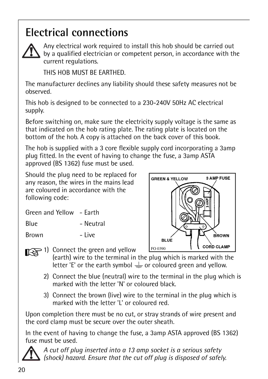 AEG 34611C, 35601G, 35600G, 35610C, 34602G, 35604G installation instructions Electrical connections, This HOB Must be Earthed 