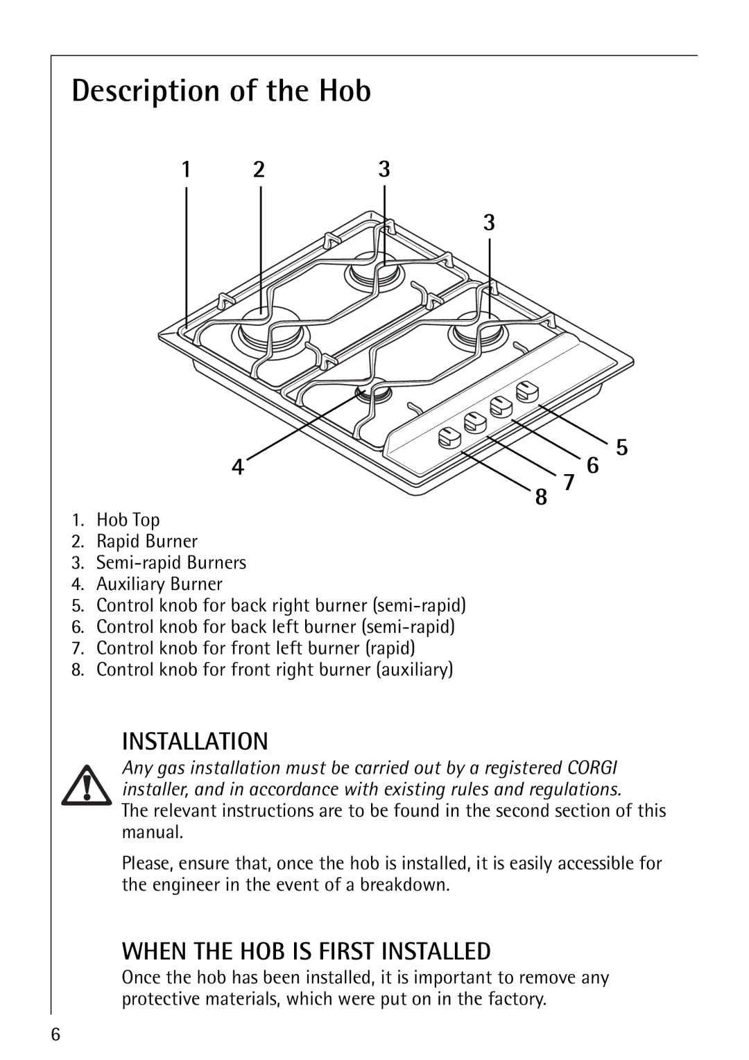 AEG 35601G, 35600G, 34611C, 35610C, 34602G, 35604G installation instructions Description of the Hob, Installation 