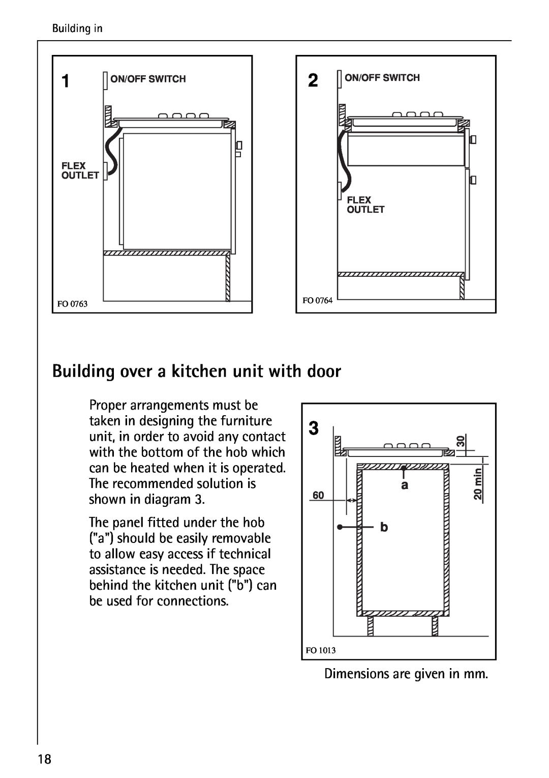 AEG 35601G, 35600G, 34611C, 35610C, 34602G, 35604G Building over a kitchen unit with door, Dimensions are given in mm 