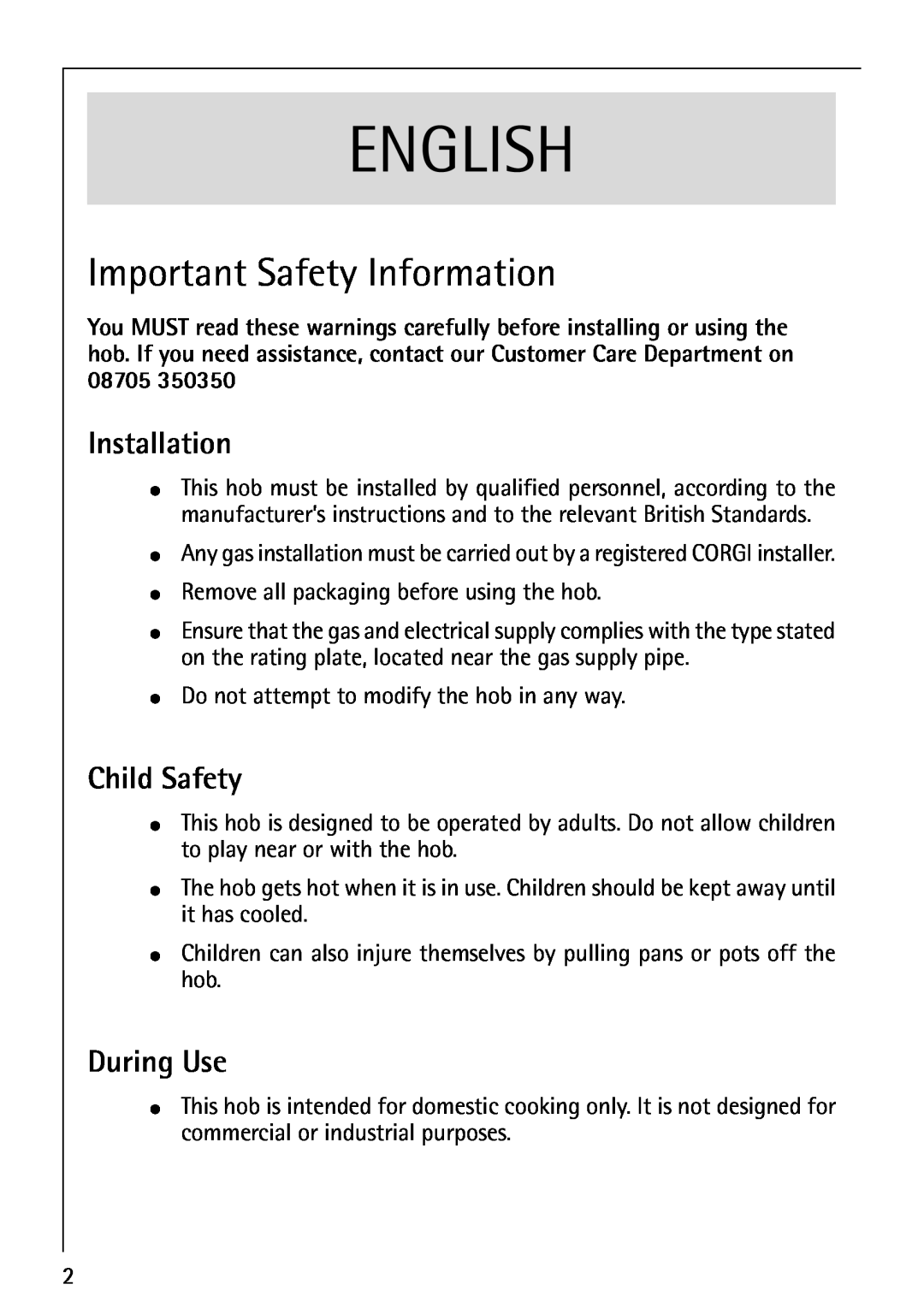 AEG 34611C, 35601G, 35600G, 35610C, 34602G Important Safety Information, Installation, Child Safety, During Use, English 