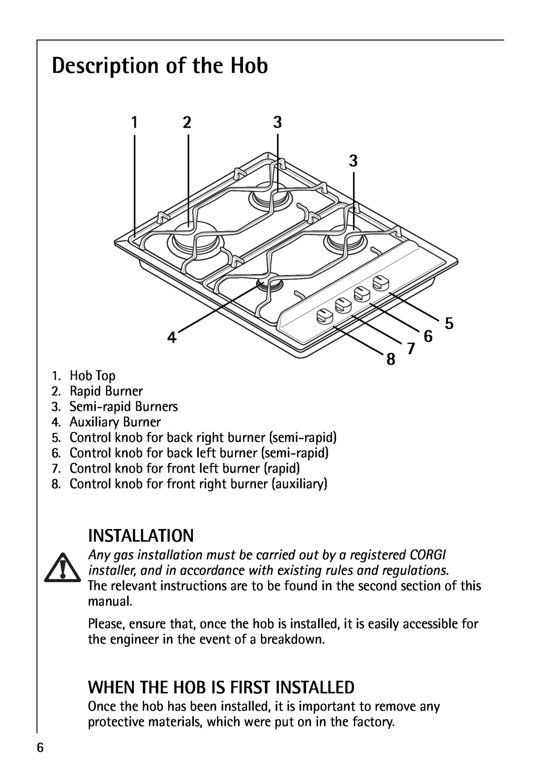 AEG 35601G, 35600G, 34611C, 35610C, 34602G, 35604G Description of the Hob, Installation, When The Hob Is First Installed 