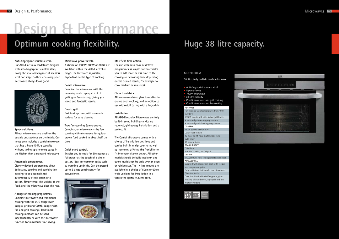 AEG 37 manual Optimum cooking flexibility, Huge 38 litre capacity, Design & Performance, MCC3880EM, Microwaves 