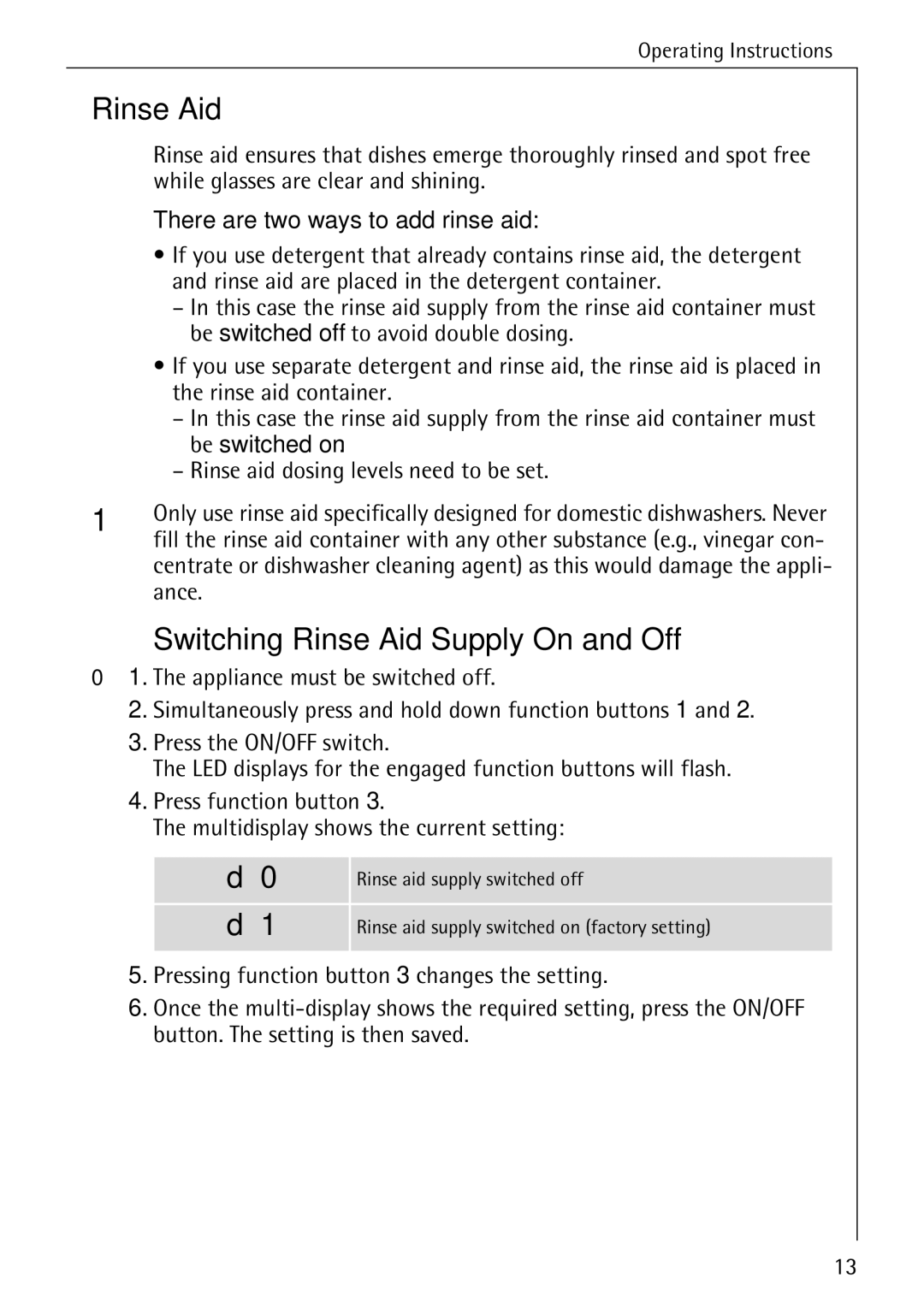 AEG 3A manual Switching Rinse Aid Supply On and Off, There are two ways to add rinse aid 