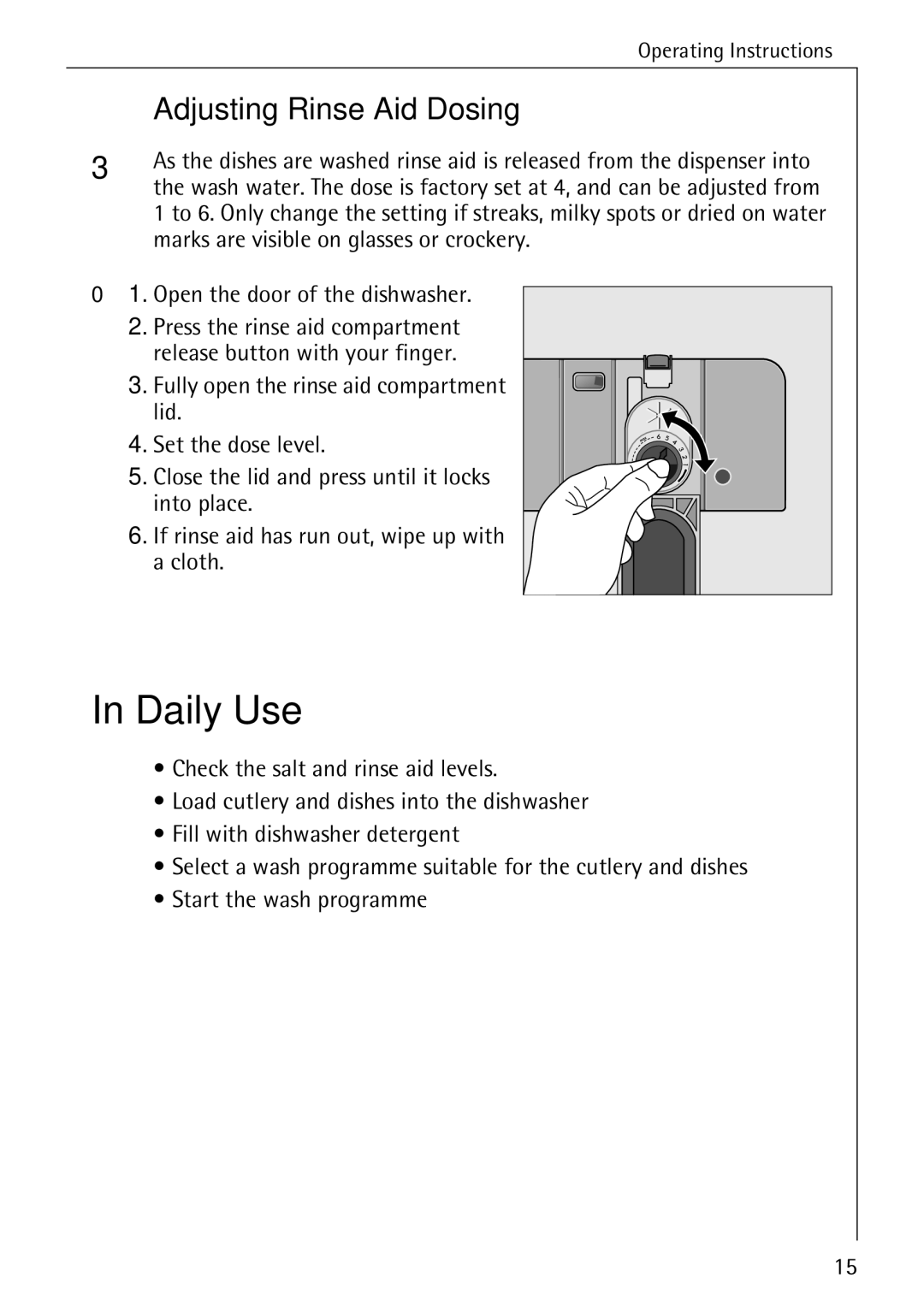 AEG 3A manual Daily Use, Adjusting Rinse Aid Dosing 